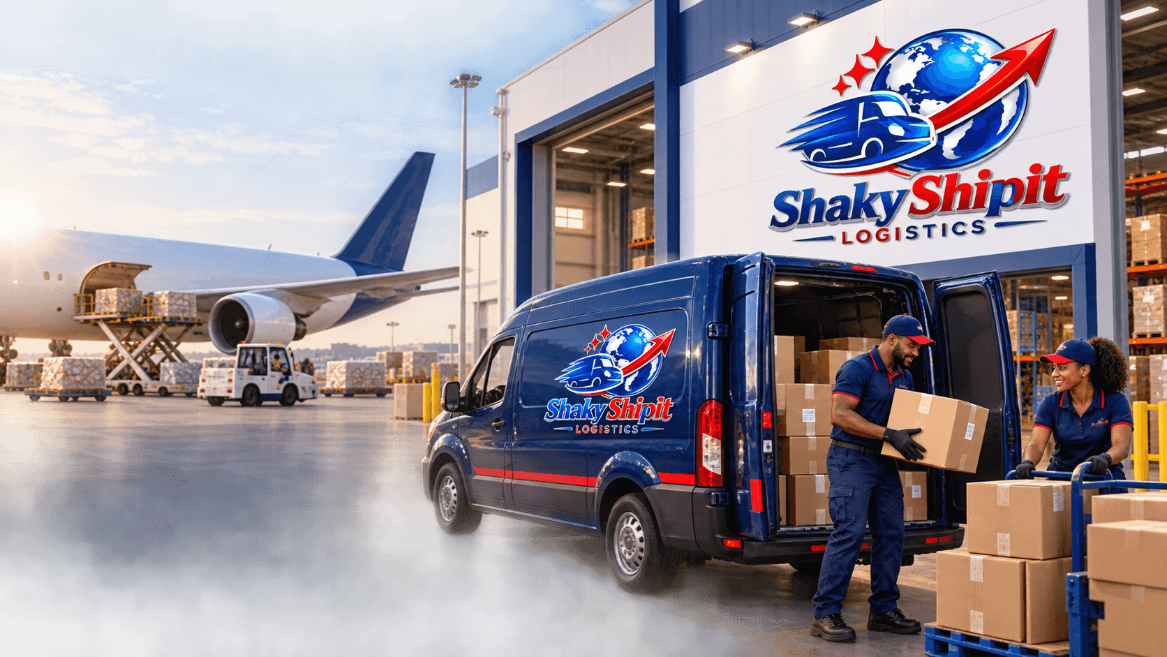 Shaky Shipit branded van and parcels at an air-cargo warehouse